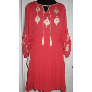 Sand & Spirit Coral Red Crochet Bohemian Beach Embroidered Shift Dress Medium